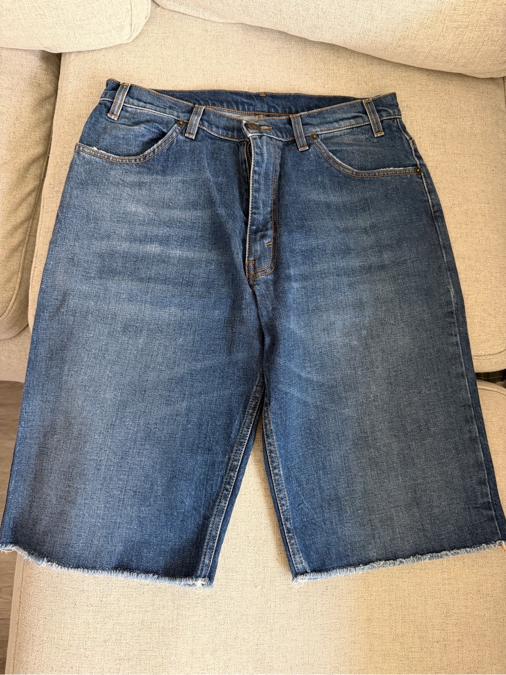Men's Dark Blue Denim Jean Shorts with Frayed Hem